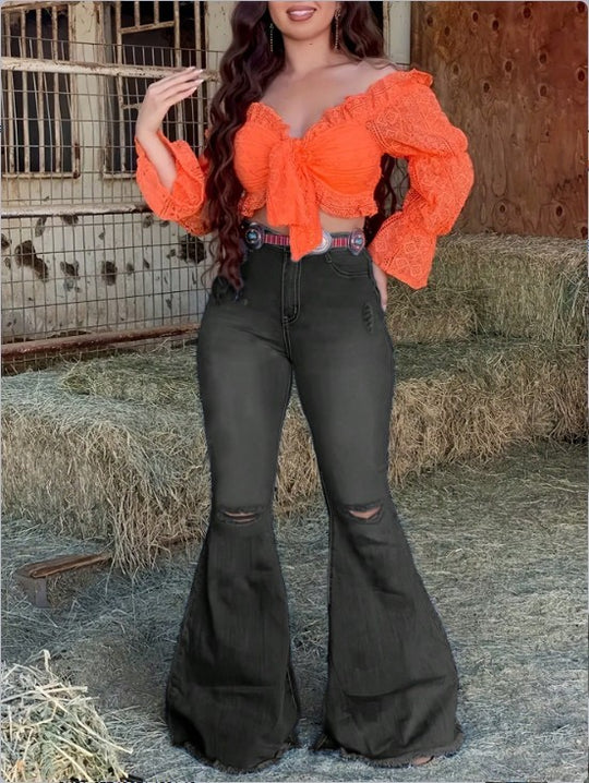 Damen Hochtaillierte Schlaghose-Jeans mit ausgestelltem Bein, Knie-Rissen und figurformendem Stretchbund Nord Taschen