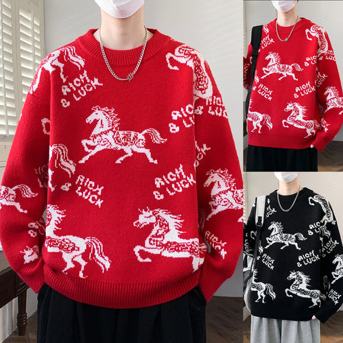 Herren Verspielter Grobstrickpullover mit Pferdemotiv Nord Taschen