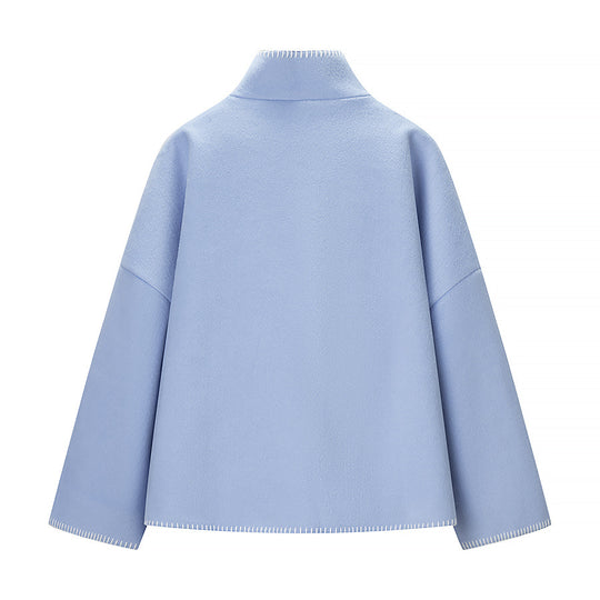 Damen Kurzer Wollcape-Mantel mit Stehkragen, Kontrastnaht und Druckknopfverschluss Nord Taschen