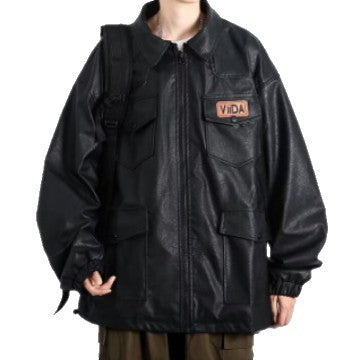 Unisex Oversized Utility Lederimitat Jacke mit Mehreren Klappentaschen Nord Taschen