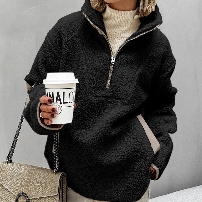 Damen Oversized Sherpa-Fleece Pullover mit halbem Reißverschluss und Kängurutasche Nord Taschen