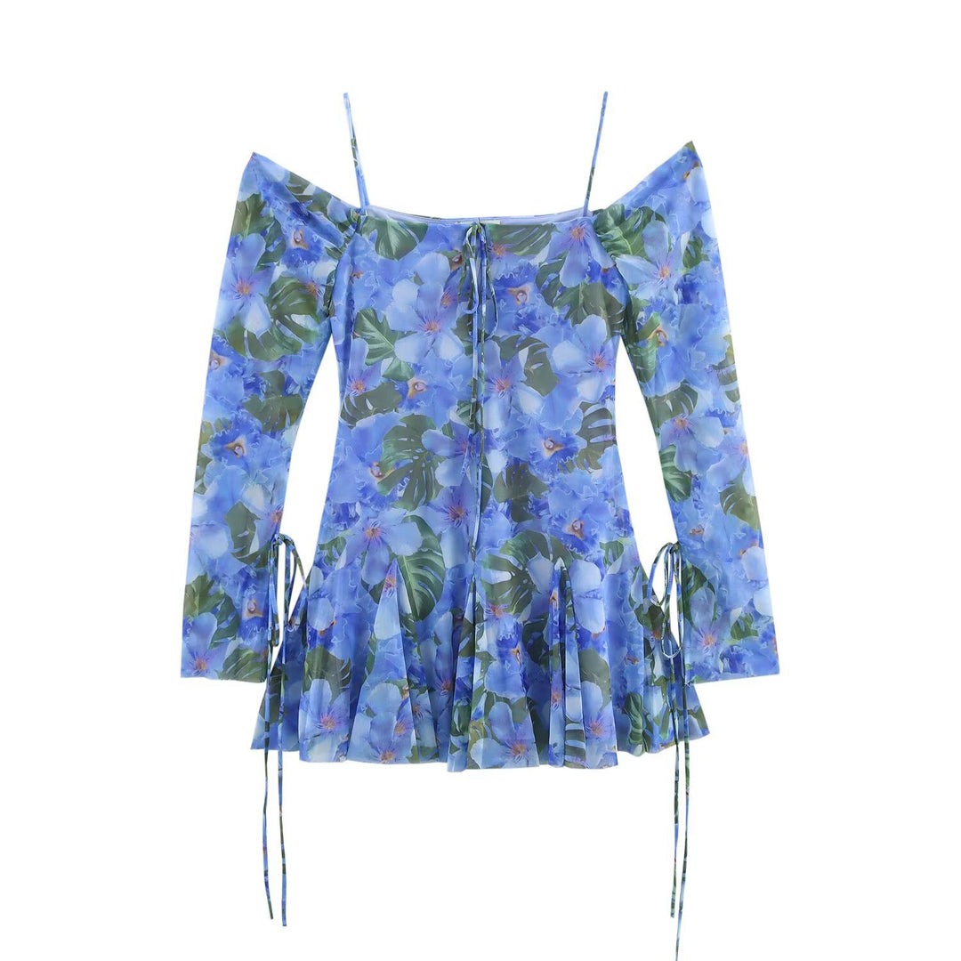 Damen Carmen-Minikleid mit Spaghettiträgern, langen Ärmeln und plissee‑Rock Nord Taschen