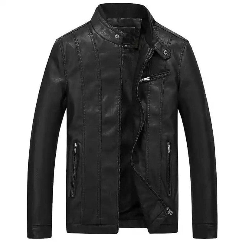 Herren Slim-Fit Kunstlederjacke im Bikerstil mit Stehkragen und vertikalen Ziernähten Nord Taschen