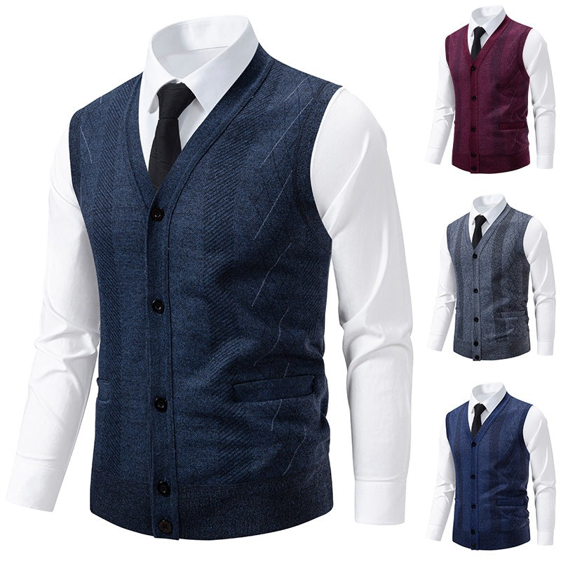 Herren Taillierte Feinstrick‑Weste mit V‑Ausschnitt, Knopfleiste und Eingrifftaschen Nord Taschen