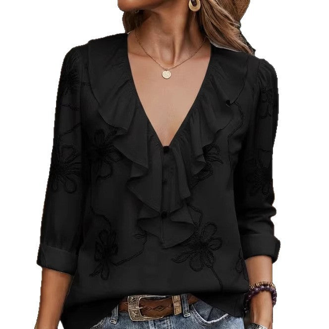 Damen elegante Bluse mit Volant und floralem Stickmuster