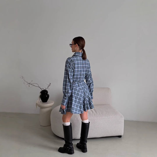 Damen Kariertes Hemdblusen-Minikleid mit ausgestellter Volant-Taille Nord Taschen