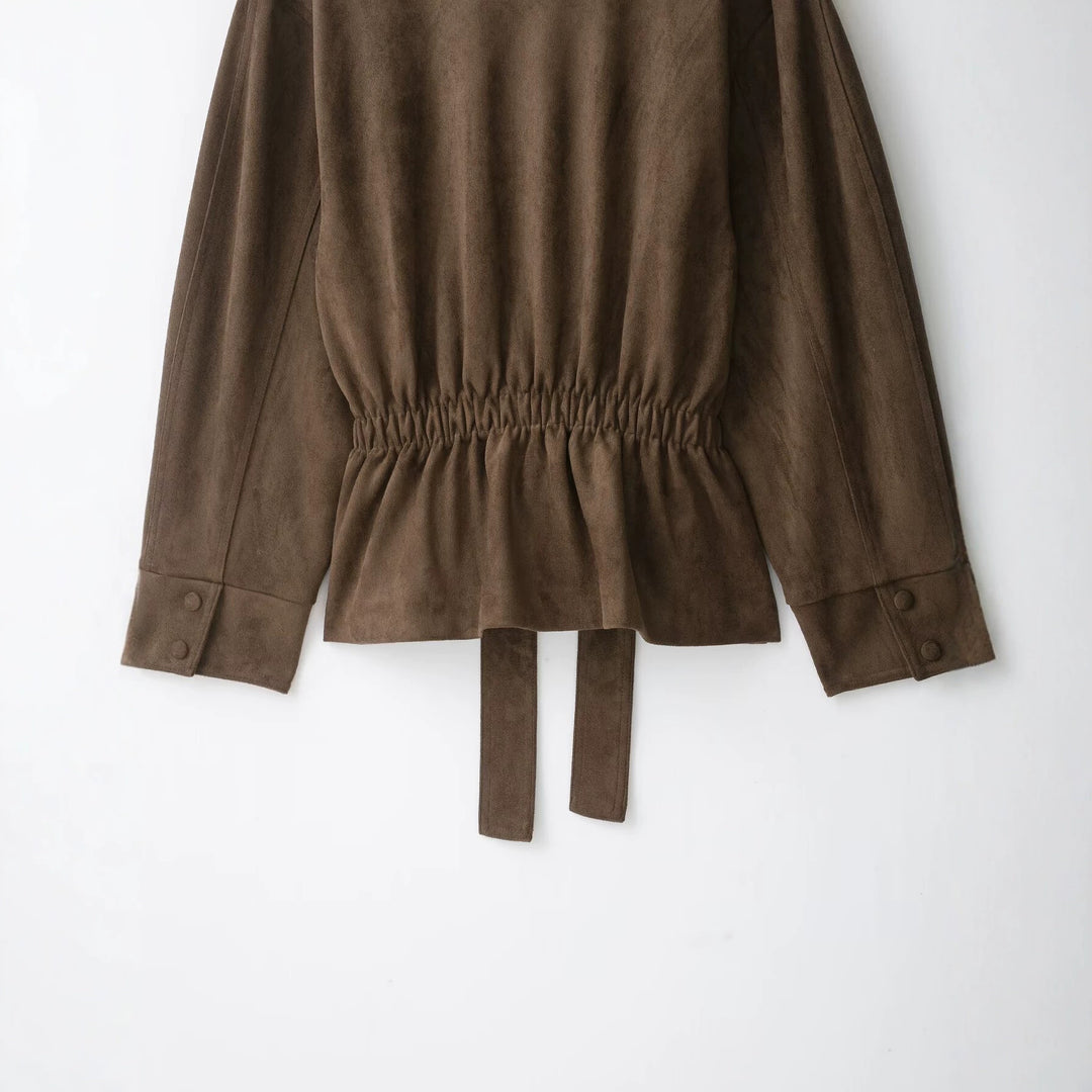 Damen Kurzjacke in Wildlederoptik mit hohem Funnelkragen und Bindegürtel Nord Taschen