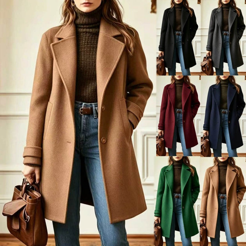 Damen Eleganter Wollmantel mit tailliertem Schnitt und Reverskragen Nord Taschen