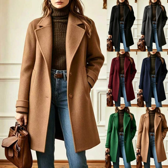 Damen Eleganter Wollmantel mit tailliertem Schnitt und Reverskragen Nord Taschen