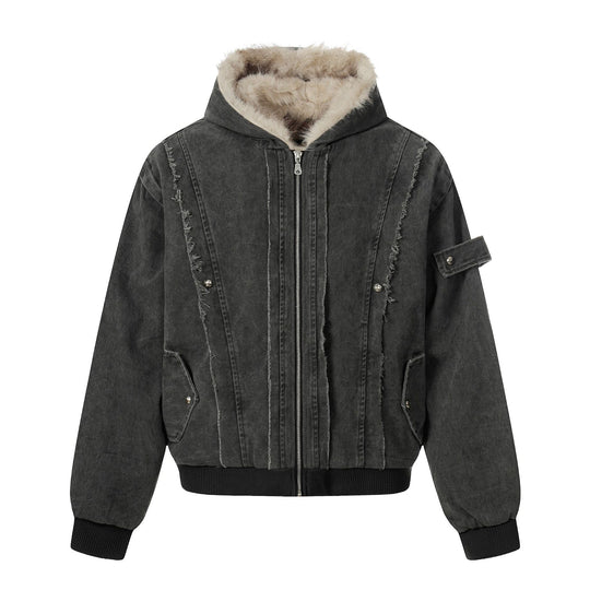 Herren Vintage-inspirierte Denim-Bomberjacke mit Teddyfell-Kapuze Nord Taschen