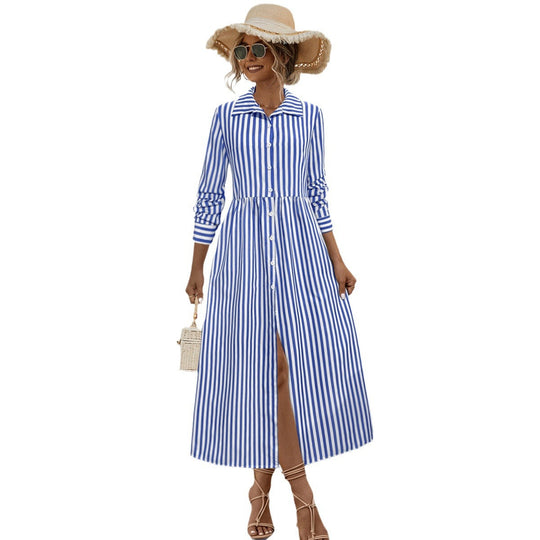 Damen Midi-Kleid mit eleganten Streifen und strukturierter Knopfleiste