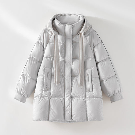 Damen wattierte Steppjacke mit Kapuze Rippkragen weitem Schnitt und Midilänge Nord Taschen