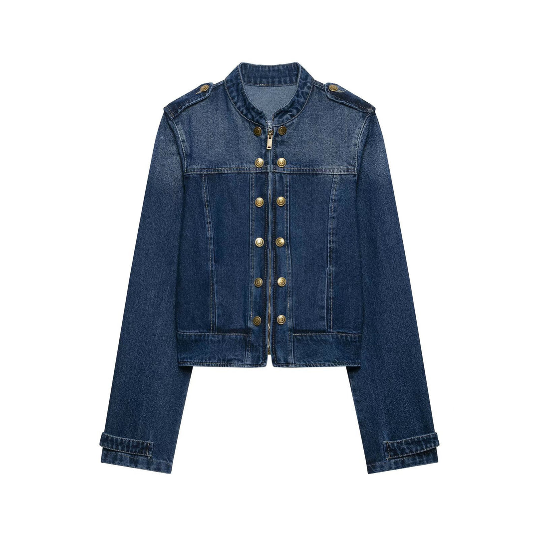 Damen Kurz geschnittene Jeansjacke im Military‑Stil mit Stehkragen Nord Taschen