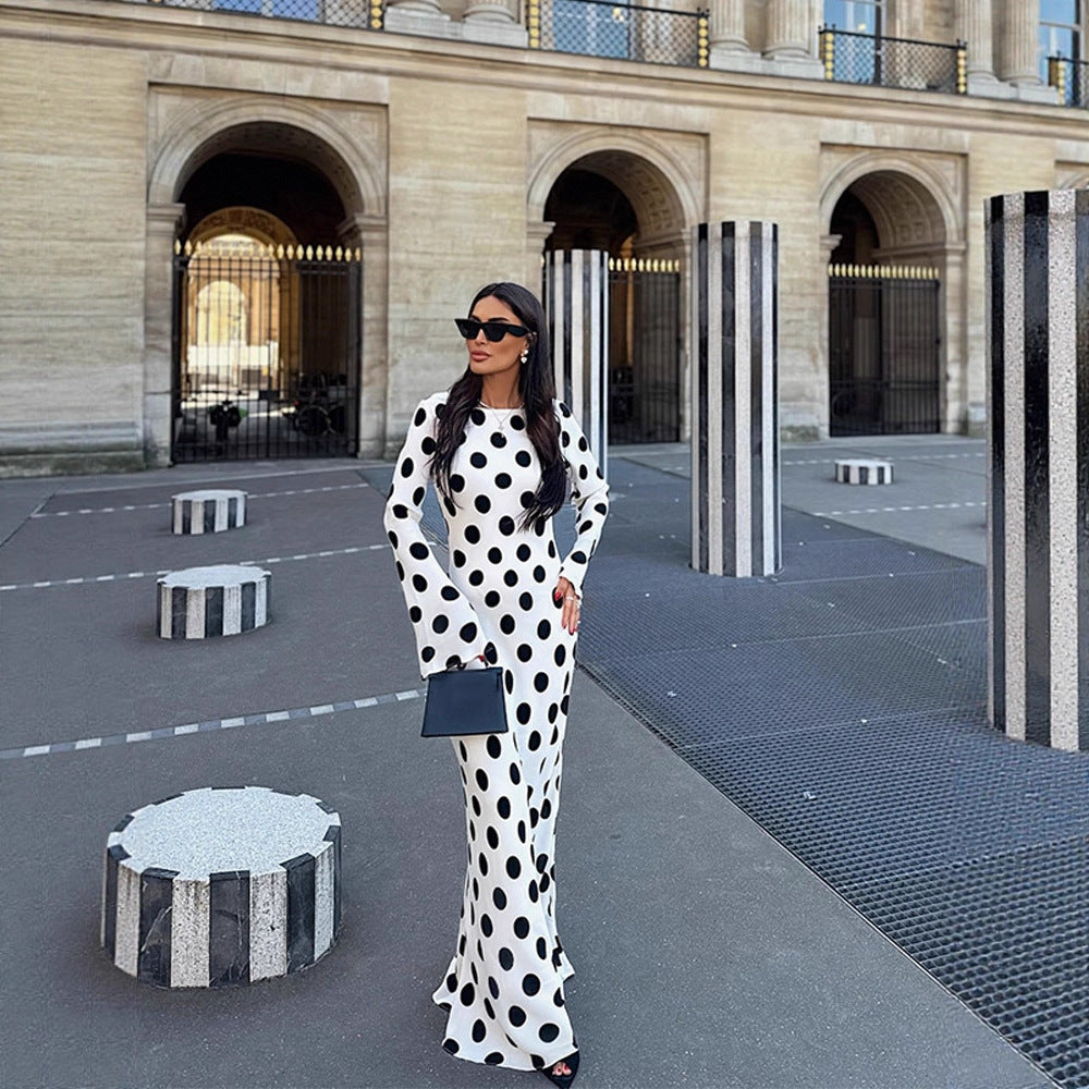 Damen Figurbetontes Polka-Dot Maxikleid mit Trompetenärmeln & Rundhalsausschnitt Nord Taschen