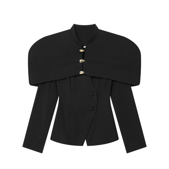 Damen 100+ eleganter taillierter Blazer mit Cape‑Schulter und goldenen Zierknöpfen Nord Taschen