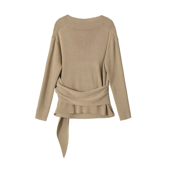 Damen Wickel-Strickpullover mit tiefem V-Ausschnitt und Dekorativer Taillenbindung Nord Taschen