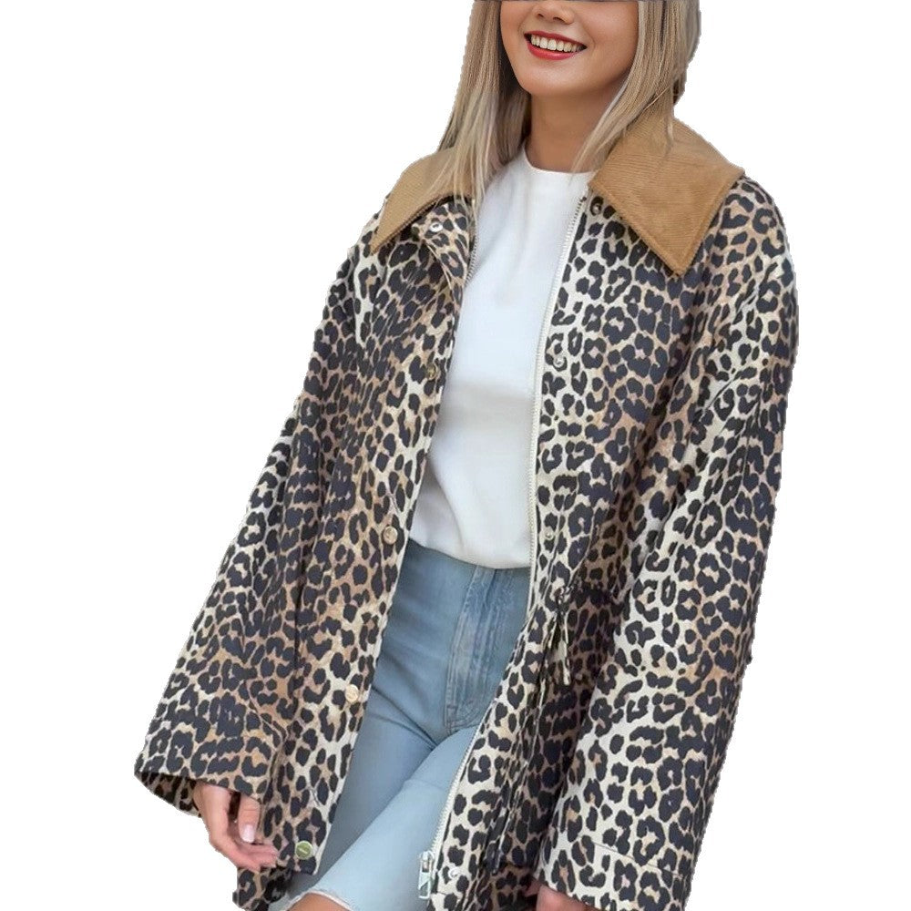 Damen Oversize-Fieldjacke mit Leoprint und kontrastierendem Cordkragen Nord Taschen