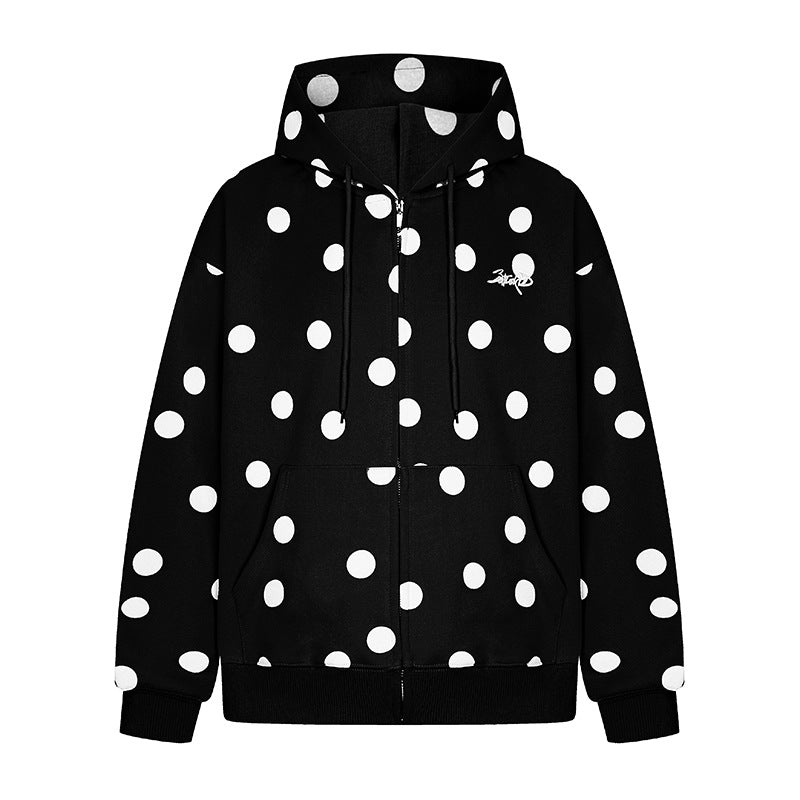 Damen Kapuzen-Sweatjacke mit durchgehendem Reißverschluss, Oversize-Schnitt und Polka-Dot-Print Nord Taschen