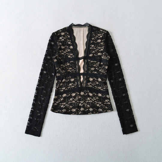 Damen Transparente Spitzenbluse mit V-Ausschnitt, taillierten Einsätzen und langen Ärmeln Nord Taschen
