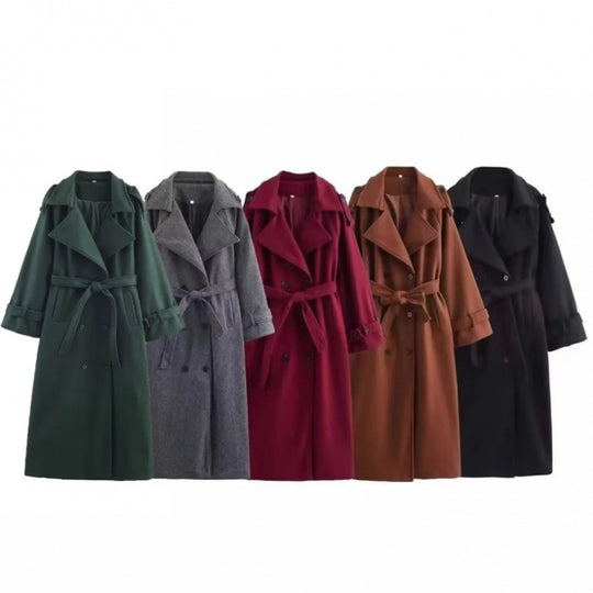 Damen langer doppeltreihiger Wollmix-Trenchcoat mit Gürtel und breitem Revers Nord Taschen