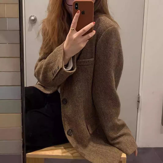 Damen Oversize-Blazer aus Wollmix mit Fischgrätstruktur, kastiger Silhouette & Pattentaschen Nord Taschen