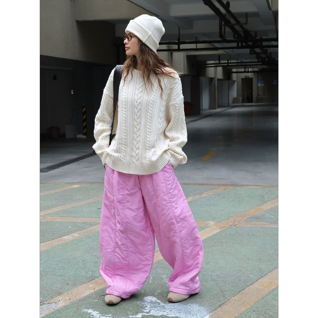 Damen Oversize-Zopfmuster-Strickpullover mit Rundhalsausschnitt und voluminösen Ärmeln Nord Taschen