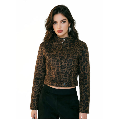 Damen Kurzjacke mit Leopardenmuster und Stehkragen Nord Taschen