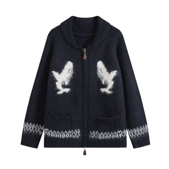 Damen Grobgestrickter Zip-Cardigan mit Schalkragen und Intarsia-Motiv Nord Taschen