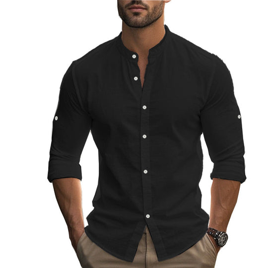 Herren Langarm-Hemd mit modernem Henley-Kragen und kontrastierenden Knopfdetails