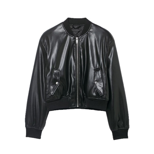 Damen Cropped Biker‑Bomberjacke aus Kunstleder mit Rippbündchen und aufgesetzten Pattentaschen Nord Taschen