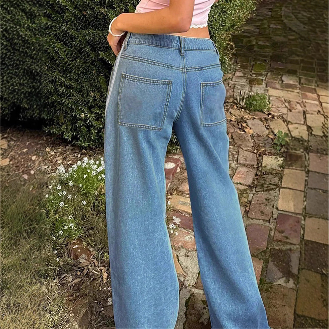 Damen weite Denim-Jeanshose mit sportivem Seitenstreifen Nord Taschen