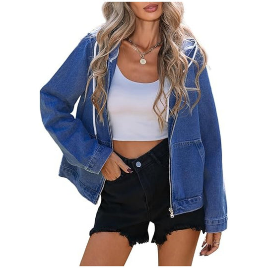 Damen Oversize Jeanskapuzenjacke mit Reißverschluss und aufgesetzten Taschen Nord Taschen