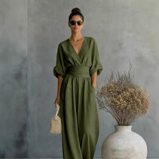 Damen Weit geschnittener Jumpsuit mit eleganten Drapierungen und V-Ausschnitt Nord Taschen