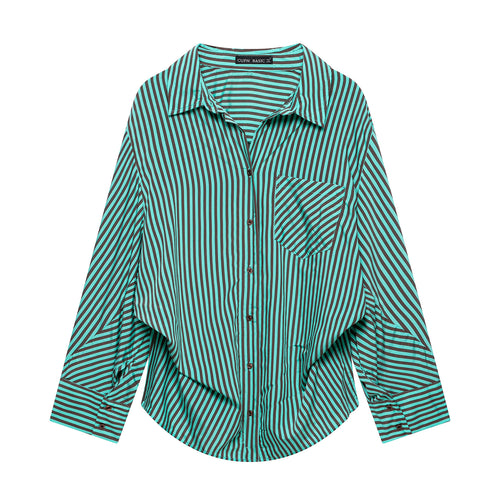 Damen Oversized-Hemdbluse mit diagonalen Streifen, Brusttasche und Rundsaum Nord Taschen