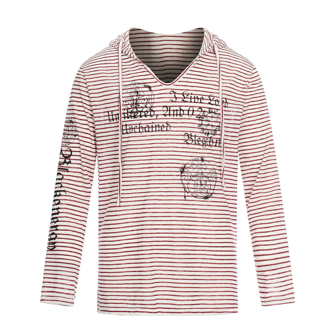 Damen Leichtes Kapuzen-Longsleeve mit V-Ausschnitt, Streifenmuster und Vintage-Print Nord Taschen