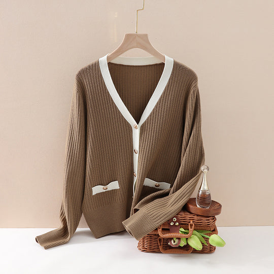 Damen Marin-inspiriertes Rippenstrick-Cardigan mit Polokragen und Zierknopfleiste Nord Taschen