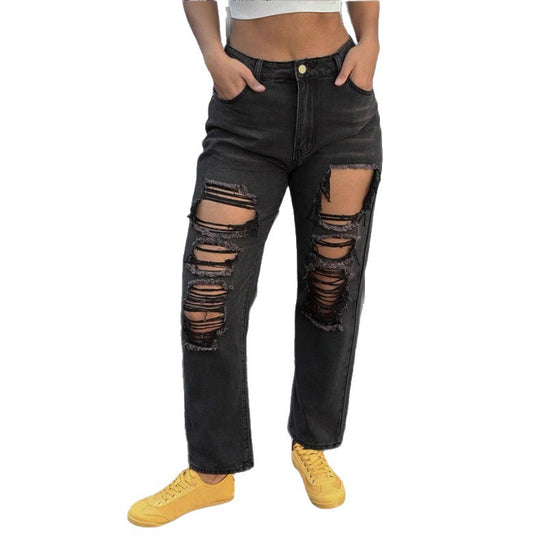 Damen hochgeschnittene Ripped-Mom-Jeans mit mehreren Knie-Cutouts und relaxed Straight-Schnitt Nord Taschen