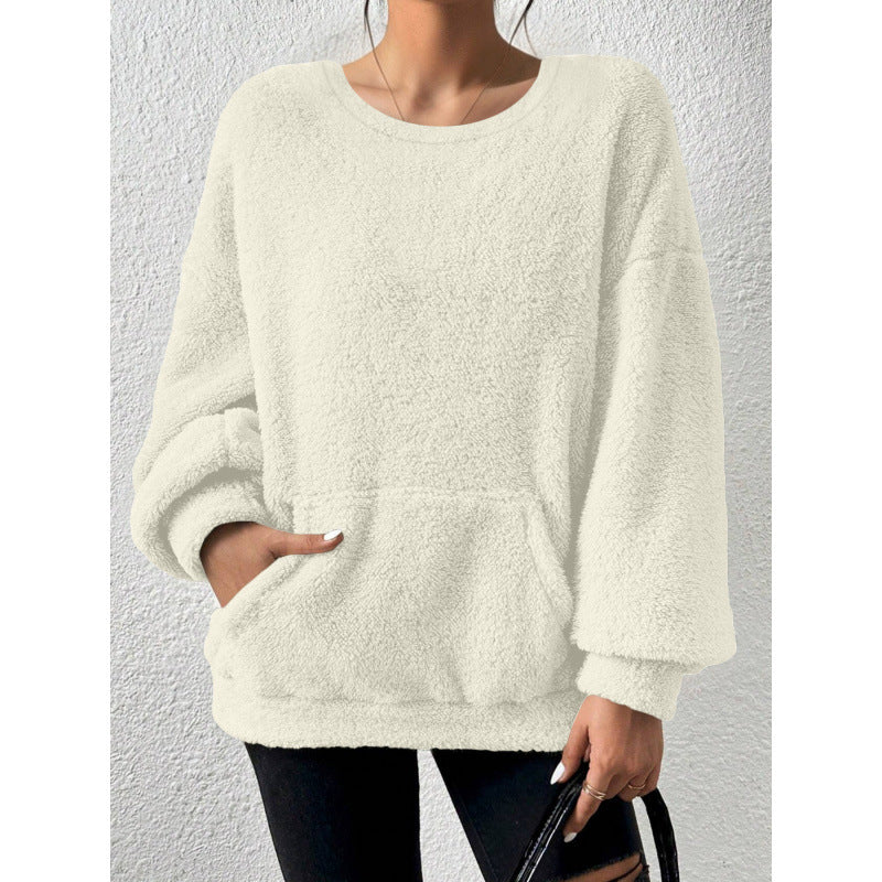 Damen Kuscheliger Oversize-Sherpa-Pullover mit Kängurutasche und Ballonärmeln Nord Taschen