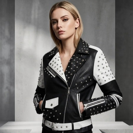Damen Nietenbesetzte Bikerjacke aus Kunstleder mit Taillengürtel Nord Taschen