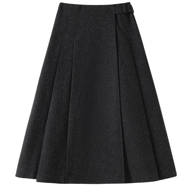 Damen Taillenhoher Midi-A-Linienrock aus Wollmix mit eingelegten Falten und Zierlasche Nord Taschen
