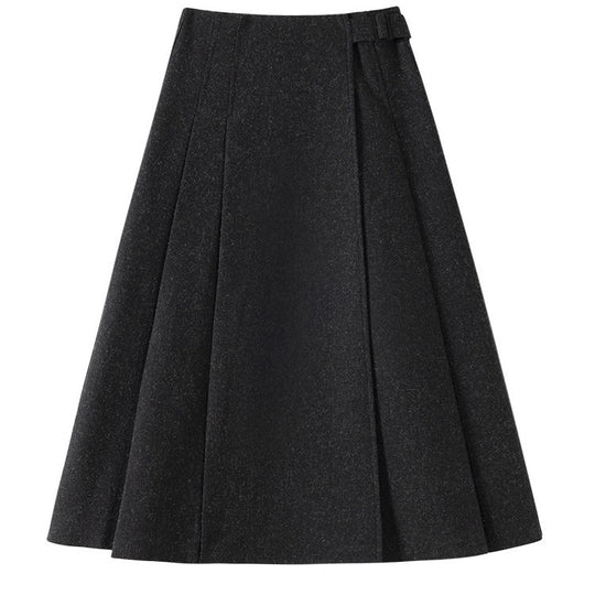 Damen Taillenhoher Midi-A-Linienrock aus Wollmix mit eingelegten Falten und Zierlasche Nord Taschen
