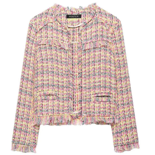 Damen Cropped Bouclé‑Tweed‑Blazer im Chanelstil mit Fransenabschlüssen Nord Taschen
