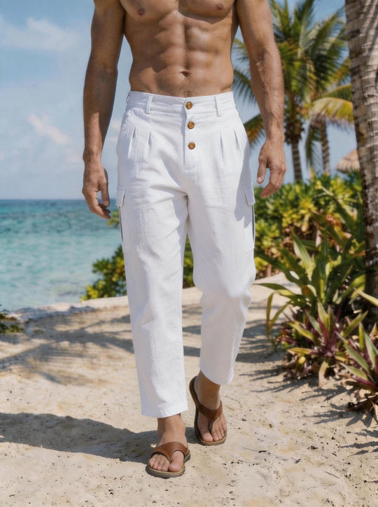 Herren Bundfalten-Cargohose mit Knopfverschluss, aufgesetzten Cargotaschen und gekürztem Bein Nord Taschen