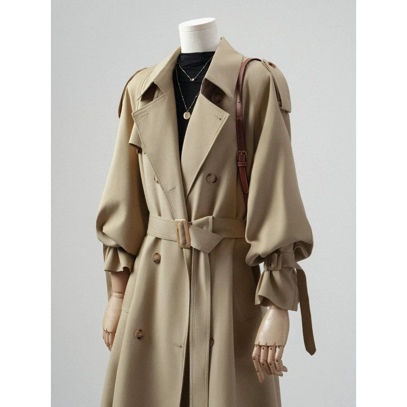 Damen Doppelreihiger Trenchcoat mit Taillengürtel und Ballonärmeln Nord Taschen