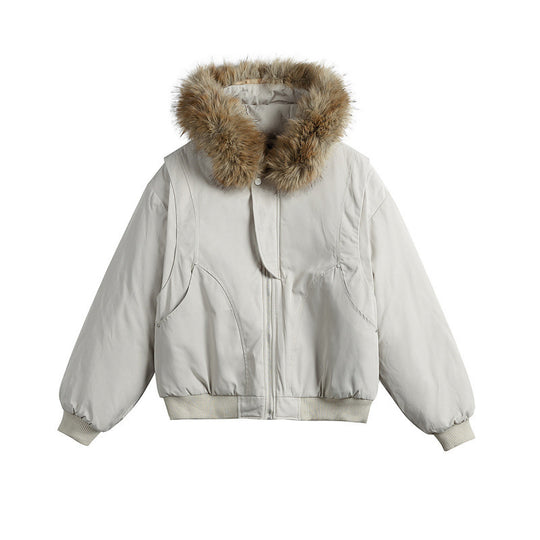 Damen Kurze isolierte Field-Bomberjacke mit Kapuze und abnehmbarem Kunstfellbesatz Nord Taschen