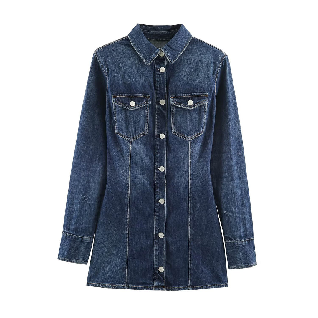 Damen Geradliniges Denim-Hemdkleid mit durchgehender Knopfleiste und Brusttaschen Nord Taschen