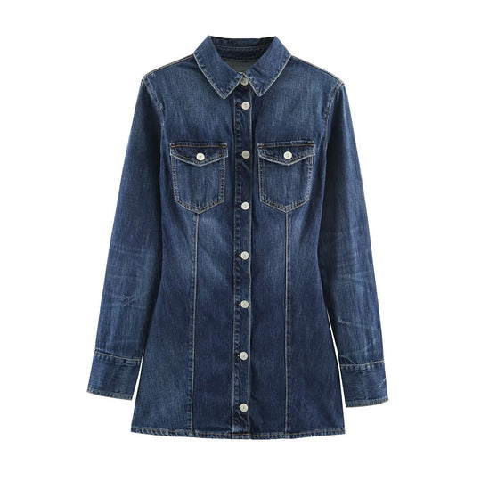 Damen Geradliniges Denim-Hemdkleid mit durchgehender Knopfleiste und Brusttaschen Nord Taschen