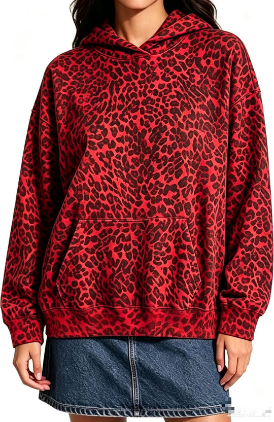 Damen Oversize-Kapuzenpullover mit Leomuster, Kängurutasche und überschnittener Schulter Nord Taschen