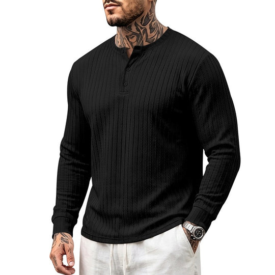 Herren Feinstrukturiertes Henley-Langarmshirt mit Zopfmuster und Knopfleiste Nord Taschen