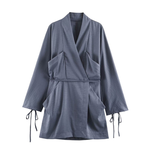 Damen Kimono‑Wickeljacke mit Taillengürtel, weitem Ärmel und asymmetrischen aufgesetzten Taschen Nord Taschen